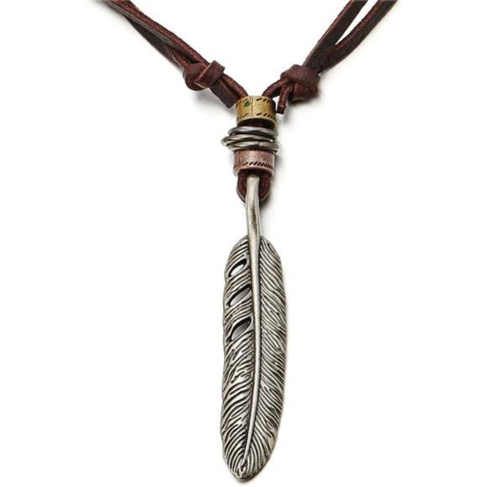 Retro Style Feather Pendant Unisex Necklace for Mens Womens with Adjustable